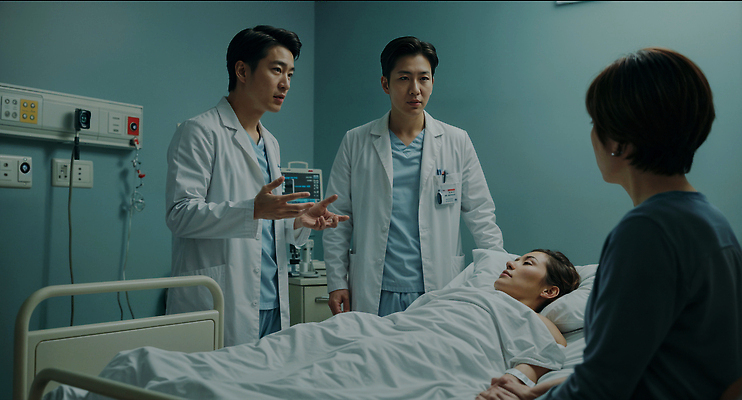 JPG 편집이미지 여자 남자 협력 안내 병원 대화 설명 여러명 성인 눕기 마주보기 건강관리 믿음 진료 환자 의사 의사가운 전문직 상담 보호자 소통 병원침대 심전도 심전도모니터 이해 의료성형뷰티 성인만 편집실사 AI인물포토 AI콘텐츠 직업 감정 다수 컨셉 의학 모션 건강 관리 말하기 사람 의료진 침대 가운 CG 파일형식 AI포토