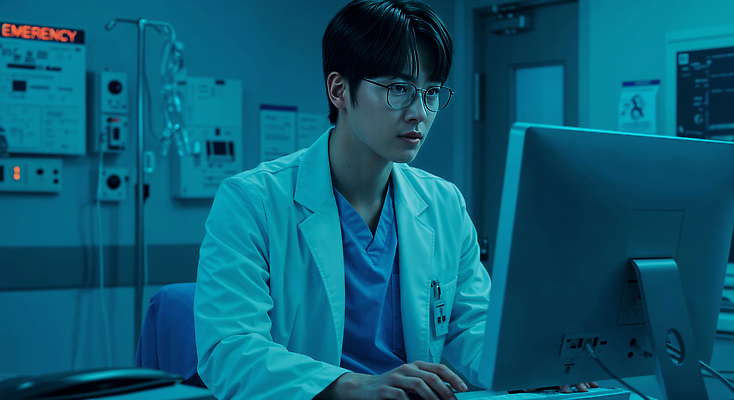 JPG 편집이미지 남자 안경 병원 피곤 한명 앉기 성인 파란색 컴퓨터 모니터 의사 타이핑 기록 의사가운 업무 전문직 링거 분석 확인 노력 링거걸이 의료성형뷰티 편집실사 AI인물포토 AI콘텐츠 직업 1 잡화 컬러 컨셉 의학 의료기기 모션 사람 전자제품 의료진 가운 작업 CG 파일형식 AI포토