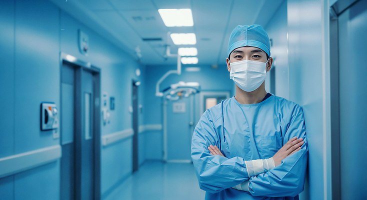 JPG 편집이미지 응시 남자 휴식 병원 마스크 한명 성인 파란색 팔짱 기댐 의사 긴급 대기 복도 전문직 준비 긴장 의료성형뷰티 성인남자한명만 편집실사 AI인물포토 AI콘텐츠 직업 1 시선 감정 컬러 컨셉 의학 모션 사람 의료진 CG 남자한명만 성인남자만 파일형식 AI포토