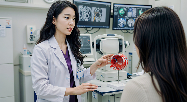 JPG 편집이미지 여자 교육 의료기기 안내 병원 대화 설명 성인 두명 건강관리 믿음 모니터 진료 의사 정보 상담 소통 검안 안과의사 안구모형 의료성형뷰티 성인여자만 눈건강 편집실사 AI인물포토 AI콘텐츠 감정 컨셉 의학 모션 건강 관리 말하기 사람 컴퓨터 모형 의료진 CG 여자만 성인만 파일형식 AI포토