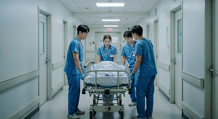 JPG 편집이미지 여자 남자 이동 청진기 협력 병원 대화 여러명 성인 파란색 문 진료 의사 긴급 복도 수술복 소통 병원침대 응급상황 응급실 지원 환자수송 의료성형뷰티 성인만 편집실사 AI인물포토 AI콘텐츠 컬러 다수 컨셉 의학 의료기기 말하기 사람 의료진 침대 응급 가운 CG 파일형식 AI포토