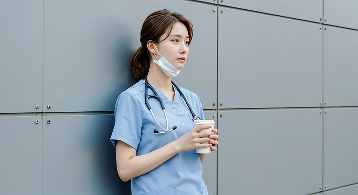 JPG 편집이미지 여자 커피 벽 생각 청진기 휴식 마스크 한명 들기 성인 기댐 간호사 의사 자유 고독 편안함 멍 테이크아웃컵 의료성형뷰티 성인여자한명만 편집실사 AI인물포토 AI콘텐츠 1 감정 음료 컨셉 의료기기 모션 사람 컵 의료진 감각 CG 여자한명만 성인여자만 파일형식 AI포토