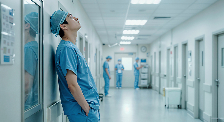 JPG 편집이미지 남자 생각 휴식 스트레스 병원 피곤 앉기 여러명 성인 파란색 눈감음 기댐 의사 대기 복도 고독 고민 주머니손 긴장 의료성형뷰티 성인남자만 편집실사 AI인물포토 AI콘텐츠 감정 컬러 다수 컨셉 의학 모션 사람 의료진 CG 남자만 성인만 파일형식 AI포토