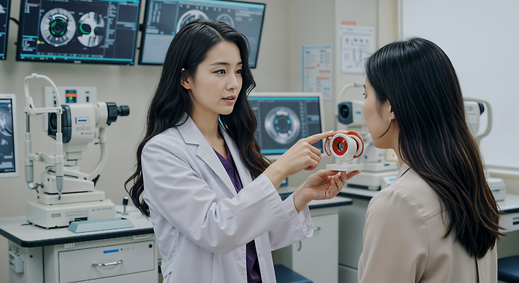 JPG 편집이미지 여자 의료기기 건강 대화 설명 성인 두명 건강관리 믿음 모니터 의사 전문직 안과 시력검사 소통 검안 안과의사 안구모형 진료실 의료성형뷰티 성인여자만 눈건강 편집실사 AI인물포토 AI콘텐츠 직업 감정 컨셉 의학 모션 병원 관리 말하기 사람 컴퓨터 모형 진료 의료진 CG 검사_조사 여자만 성인만 파일형식 AI포토