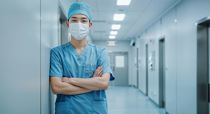 JPG 편집이미지 남자 건강 병원 마스크 한명 성인 파란색 팔짱 기댐 의사 긴급 대기 복도 전문직 준비 수술복 긴장 의료성형뷰티 성인남자한명만 편집실사 AI인물포토 AI콘텐츠 직업 1 감정 컬러 의학 모션 사람 의료진 가운 CG 남자한명만 성인남자만 파일형식 AI포토