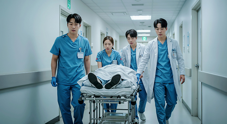 JPG 편집이미지 이동 협력 병원 여러명 성인 파란색 진료 의사 긴급 의사가운 복도 긴장 병원침대 수술준비 응급상황 응급실 응급환자 의료성형뷰티 성인만 편집실사 AI인물포토 AI콘텐츠 감정 컬러 다수 컨셉 의학 사람 환자 의료진 침대 응급 가운 CG 준비 파일형식 AI포토