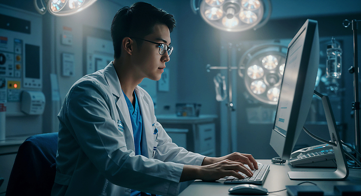 JPG 편집이미지 남자 안경 의자 전등 조명 병원 한명 성인 파란색 컴퓨터 모니터 의사 타이핑 키보드 기록 마우스 의사가운 업무 책상 분석 확인 노력 수술실 긴장 야근 수술준비 의료성형뷰티 성인남자한명만 편집실사 AI인물포토 AI콘텐츠 1 잡화 감정 컬러 가구 컨셉 비즈니스 의학 사람 전자제품 컴퓨터용품 의료진 가운 작업 CG 준비 남자한명만 성인남자만 파일형식 AI포토