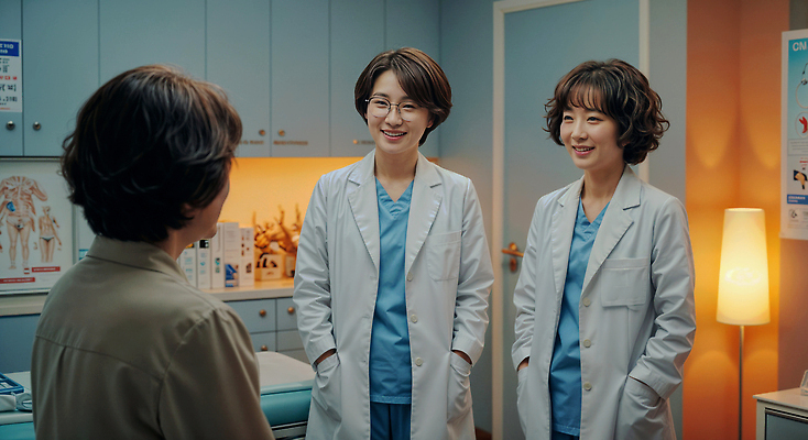 JPG 편집이미지 중년 협력 안내 건강 대화 설명 미소 성인 세명 마주보기 믿음 환자 간호사 의사 스탠드 의사가운 상담 서랍장 주머니손 소통 진료실 의료성형뷰티 여자만 편집실사 AI인물포토 AI콘텐츠 감정 가구 컨셉 의학 모션 조명 표정 병원 말하기 사람 진료 의료진 가운 CG 파일형식 AI포토