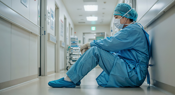 JPG 편집이미지 남자 생각 휴식 병원 피곤 마스크 한명 성인 파란색 눈감음 의사 복도 고독 고민 수술복 긴장 웅크림 스트레스해소 의료성형뷰티 성인남자한명만 편집실사 AI인물포토 AI콘텐츠 1 감정 컬러 컨셉 의학 모션 사람 의료진 가운 CG 남자한명만 성인남자만 파일형식 AI포토