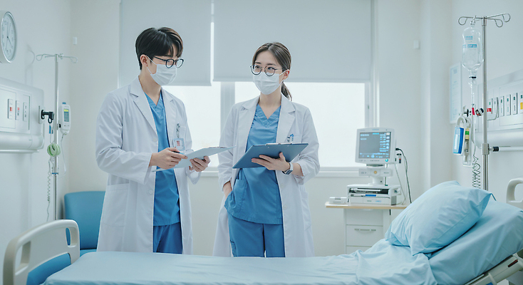 JPG 편집이미지 여자 남자 안경 시계 창문 베개 협력 대화 마스크 설명 들기 성인 두명 마주보기 건강관리 진료 환자 의사 의사가운 링거 확인 주머니손 병실 소통 링거걸이 병원침대 서류판 의료성형뷰티 성인만 편집실사 AI인물포토 AI콘텐츠 잡화 컨셉 의학 의료기기 침구 모션 건강 병원 관리 말하기 사람 사무용품 의료진 침대 가운 CG 파일형식 AI포토