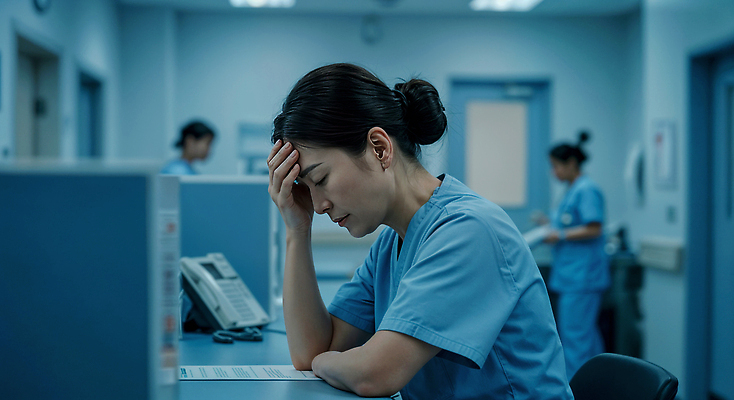 JPG 편집이미지 여자 생각 스트레스 병원 피곤 앉기 성인 세명 파란색 의사 고독 전화기 고민 두통 긴장 스트레스해소 회복 의료성형뷰티 성인여자만 편집실사 머리짚기 AI인물포토 AI콘텐츠 감정 컬러 컨셉 의학 모션 사람 의료진 질병 CG 여자만 성인만 파일형식 AI포토