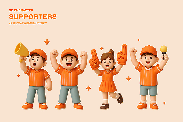 전신 PSD 편집이미지 캐릭터 여자 남자 유니폼 웃음 들기 여러명 성인 반짝임 3D 주황색 확성기 외침 기쁨 만세 응원용품 즐거움 치어리더 응원단 서포터즈 활기 다리들기 캡모자 성인만 응원봉 편집3D 모자_잡화 옷 감정 컬러 다수 컨셉 응원 모션 표정 사람 소리 디지털합성 오브젝트 파일형식