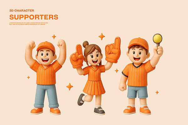 전신 PSD 편집이미지 캐릭터 여자 남자 스포츠 유니폼 웃음 들기 성인 세명 반짝임 3D 주황색 기쁨 만세 응원용품 가리킴 즐거움 치어리더 응원단 서포터즈 활기 다리들기 캡모자 성인만 응원봉 편집3D 모자_잡화 옷 감정 컬러 컨셉 응원 모션 표정 사람 손짓 디지털합성 오브젝트 파일형식