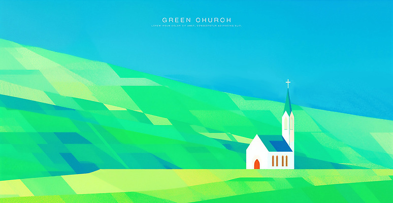PSD 기독교 일러스트 하늘 산 초원 사람없음 초록색 교회 언덕 국내일러스트 종교 컬러 종교건축 건물 파일형식