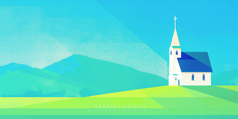 PSD 기독교 일러스트 하늘 산 초원 사람없음 파란색 교회 언덕 국내일러스트 종교 컬러 종교건축 건물 파일형식