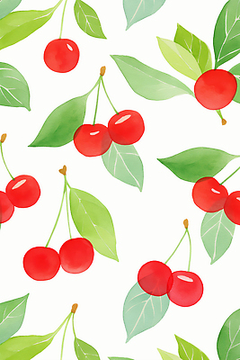 JPG 백그라운드 잎 패턴 일러스트 수채화 사람없음 빨간색 초록색 귀여움 체리 국내일러스트 AI일러스트 AI콘텐츠 식물 컬러 컨셉 무늬 과일 파일형식