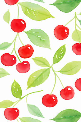 JPG 백그라운드 잎 패턴 일러스트 수채화 사람없음 빨간색 초록색 귀여움 체리 국내일러스트 AI일러스트 AI콘텐츠 식물 컬러 컨셉 무늬 과일 파일형식