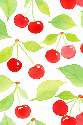 JPG 백그라운드 잎 패턴 일러스트 수채화 사람없음 빨간색 초록색 귀여움 체리 국내일러스트 AI일러스트 AI콘텐츠 식물 컬러 컨셉 무늬 과일 파일형식
