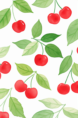 JPG 백그라운드 잎 패턴 일러스트 수채화 사람없음 빨간색 초록색 귀여움 체리 국내일러스트 AI일러스트 AI콘텐츠 식물 컬러 컨셉 무늬 과일 파일형식