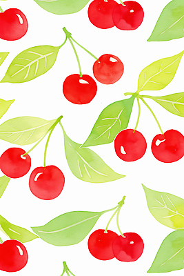 JPG 백그라운드 잎 패턴 일러스트 수채화 사람없음 빨간색 초록색 귀여움 체리 국내일러스트 AI일러스트 AI콘텐츠 식물 컬러 컨셉 무늬 과일 파일형식