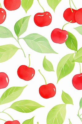 JPG 백그라운드 잎 패턴 일러스트 수채화 사람없음 빨간색 초록색 귀여움 체리 국내일러스트 AI일러스트 AI콘텐츠 식물 컬러 컨셉 무늬 과일 파일형식