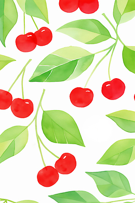 JPG 백그라운드 잎 패턴 일러스트 수채화 사람없음 빨간색 초록색 귀여움 체리 국내일러스트 AI일러스트 AI콘텐츠 식물 컬러 컨셉 무늬 과일 파일형식