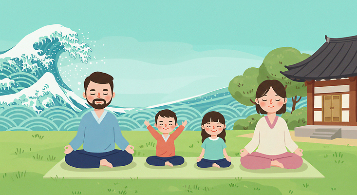 JPG 나무 여자 남자 어린이 파도 불교 일러스트 가족 풍경 소녀 소년 초원 여러명 성인 평화 식당 눈감음 만세 사찰 명상 돗자리 가부좌 아사나자세 국내일러스트 AI일러스트 AI콘텐츠 식물 종교 바다 다수 컨셉 관계 종교건축 모션 사람 앉기 상점 요가자세 파일형식