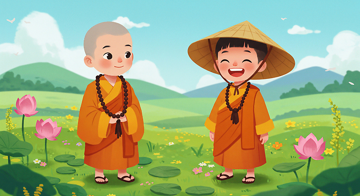 JPG 전신 구름 남자 어린이 불교 일러스트 하늘 산 연꽃 웃음 풍경 소년 초원 두명 평화 연잎 동자승 승복 묵주 삿갓 소년만 국내일러스트 AI일러스트 AI콘텐츠 자연요소 모자_잡화 꽃 종교 컨셉 잎 종교용품 전통소품 표정 사람 승려 남자만 어린이만 파일형식