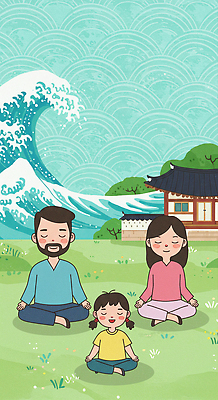 JPG 전신 나무 여자 남자 어린이 파도 불교 일러스트 가족 한옥 풍경 소녀 초원 성인 세명 전통문양 평화 눈감음 사찰 명상 가부좌 아사나자세 국내일러스트 AI일러스트 AI콘텐츠 식물 한국전통 전통 문양 종교 바다 컨셉 고건축 관계 종교건축 모션 사람 앉기 요가자세 파일형식