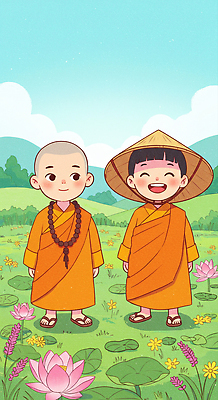 JPG 전신 구름 남자 어린이 불교 일러스트 하늘 산 웃음 풍경 소년 초원 두명 평화 언덕 연잎 동자승 승복 묵주 삿갓 연꽃차 소년만 국내일러스트 AI일러스트 AI콘텐츠 자연요소 모자_잡화 종교 컨셉 잎 종교용품 전통소품 표정 사람 승려 꽃차 남자만 어린이만 파일형식