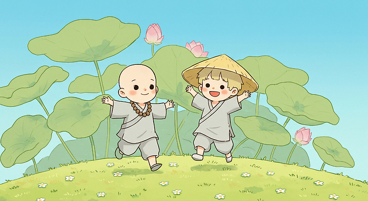 JPG 전신 남자 어린이 불교 일러스트 하늘 팔벌리기 연꽃 미소 풍경 소년 잔디 두명 연두색 달리기 평화 연잎 동자승 동산 승복 묵주 삿갓 소년만 국내일러스트 AI일러스트 AI콘텐츠 식물 모자_잡화 꽃 종교 컨셉 잎 종교용품 모션 전통소품 표정 사람 초록색 승려 남자만 어린이만 파일형식