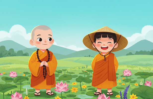 JPG 전신 구름 남자 어린이 불교 일러스트 하늘 산 연꽃 웃음 풍경 소년 초원 두명 평화 연잎 뒷짐 동자승 승복 묵주 삿갓 소년만 국내일러스트 AI일러스트 AI콘텐츠 자연요소 모자_잡화 꽃 종교 컨셉 잎 종교용품 모션 전통소품 표정 사람 승려 남자만 어린이만 파일형식