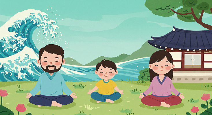 JPG 전신 여자 남자 꽃 어린이 파도 불교 일러스트 가족 하늘 산 풍경 소년 잔디 성인 세명 평화 눈감음 소나무 사찰 명상 가부좌 아사나자세 국내일러스트 AI일러스트 AI콘텐츠 나무 식물 종교 바다 컨셉 관계 종교건축 모션 사람 앉기 요가자세 파일형식