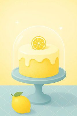 JPG 일러스트 식탁 단면 사람없음 노란색 흐름 달콤 레몬 제빵 토핑 과일케이크 유리덮개 케이크스탠드 국내일러스트 AI일러스트 AI콘텐츠 컬러 컨셉 과일 탁자 제과제빵 케이크 덮개 맛 받침대 파일형식