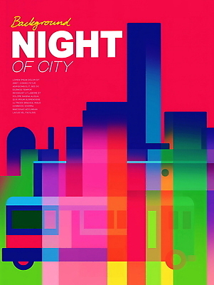 PSD 야경 일러스트 버스 사람없음 도시풍경 컬러풀 사각형 고층빌딩 네온 스카이라인 국내일러스트 도형 육상교통 컬러 대중교통 풍경 빌딩 도시 야간 파일형식 풍경_경치