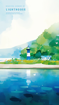 PSD 나무 구름 꽃밭 일러스트 하늘 산 주택 등대 해변 사람없음 파란색 감성 국내일러스트 자연요소 식물 꽃 바다 컬러 컨셉 건물 파일형식