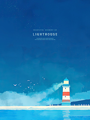 PSD 일러스트 밤하늘 등대 해변 사람없음 파란색 빛 감성 새떼 국내일러스트 바다 컬러 컨셉 조류 하늘 야간 파일형식