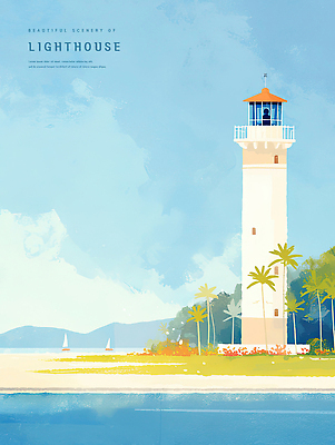 PSD 일러스트 하늘 산 등대 잔디 해변 사람없음 파란색 야자수 돛단배 감성 국내일러스트 나무 식물 바다 컬러 컨셉 배_교통 파일형식