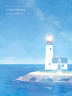 PSD 구름 바다 일러스트 밤하늘 주택 등대 사람없음 파란색 빛 감성 국내일러스트 자연요소 컬러 컨셉 하늘 건물 야간 파일형식