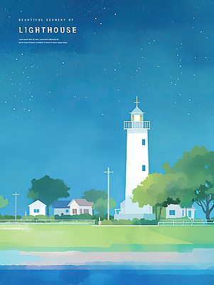 PSD 나무 일러스트 밤하늘 주택 등대 해변 사람없음 파란색 마을 전봇대 해안도시 감성 국내일러스트 식물 공공시설 바다 컬러 컨셉 하늘 건물 도시 야간 파일형식