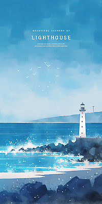 PSD 파도 일러스트 하늘 산 등대 사람없음 파란색 방파제 감성 새떼 국내일러스트 공공시설 바다 컬러 컨셉 조류 파일형식