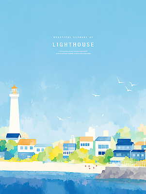 PSD 나무 일러스트 하늘 주택 등대 해변 사람없음 파란색 마을 해안도시 감성 새떼 국내일러스트 식물 바다 컬러 컨셉 조류 건물 도시 파일형식