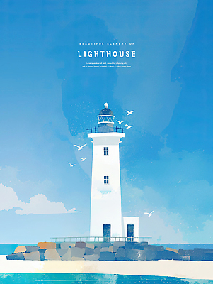 PSD 구름 일러스트 조류 하늘 등대 돌담 해변 사람없음 파란색 감성 국내일러스트 자연요소 동물 바다 컬러 컨셉 담장 돌_바위 파일형식