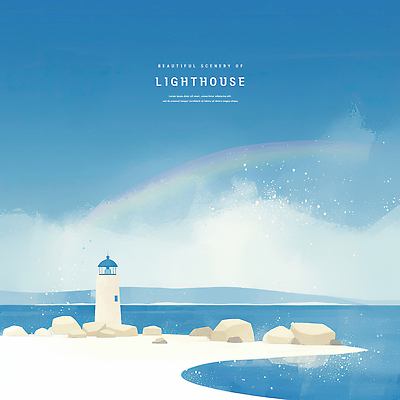 PSD 구름 바다 무지개 일러스트 하늘 등대 사람없음 파란색 방파제 감성 국내일러스트 자연요소 공공시설 컬러 컨셉 파일형식