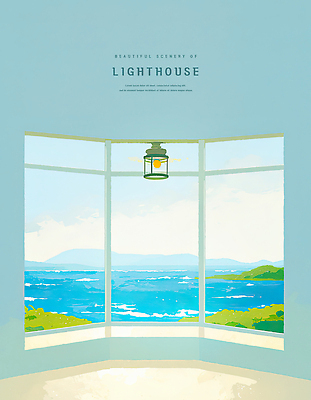PSD 파도 섬 일러스트 하늘 조명 산 등대 실내 사람없음 파란색 감성 국내일러스트 바다 컬러 컨셉 내부 파일형식