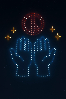 JPG 편집이미지 야경 밤하늘 사람없음 빛 반짝임 검은색 축제 투표 손내밀기 손모양 드론 기표문양 대통령선거 편집실사 AI포토 AI콘텐츠 모양 문양 컬러 모션 하늘 손짓 야간 선거 CG 파일형식 손_신체부위 풍경_경치