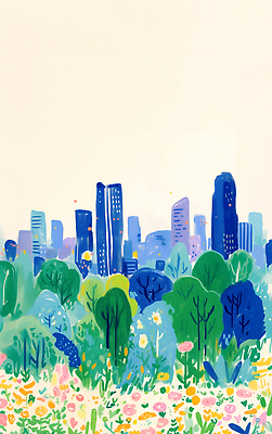 JPG 나무 꽃밭 일러스트 빌딩 사람없음 초록색 파란색 자연보호 환경 그린캠페인 도시 숲 환경보전 국내일러스트 AI일러스트 AI콘텐츠 식물 꽃 캠페인 컬러 자연 건물 보호 사회이슈 파일형식