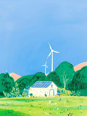 JPG 일러스트 하늘 주택 잔디 초원 사람없음 초록색 파란색 자연보호 환경 그린캠페인 환경보전 풍력발전소 집열판 풍력기 나무길 국내일러스트 AI일러스트 AI콘텐츠 에너지의날 식물 기념일 길 캠페인 컬러 자연 건물 발전소 풍력에너지 보호 사회이슈 태양에너지 파일형식