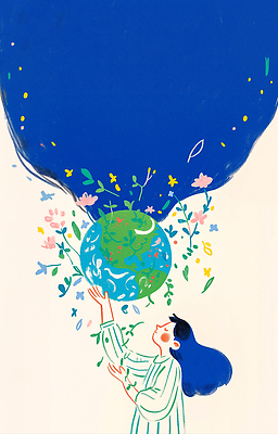 JPG 여자 꽃 지구 잎 일러스트 한명 들기 성인 초록색 파란색 손들기 자연보호 환경 눈감음 그린캠페인 환경보전 성인여자한명만 국내일러스트 AI일러스트 AI콘텐츠 식물 1 캠페인 컬러 모션 자연 사람 보호 사회이슈 여자한명만 성인여자만 파일형식