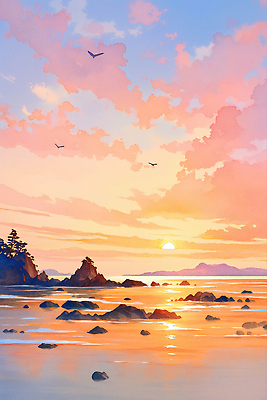 JPG 나무 구름 일러스트 조류 하늘 해변 사람없음 햇빛 노을 주황색 여름풍경 바위 시원함 감성 그라데이션 윤슬 국내일러스트 AI일러스트 AI콘텐츠 자연요소 식물 동물 물결 바다 컬러 컨셉 풍경 태양 돌_바위 파일형식 여름_계절